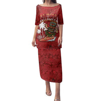 Personalised Aloha Halloween Family Matching Puletasi and Hawaiian Shirt Skeleton Surfing LT05 Mom's Dress Red - Polynesian Pride