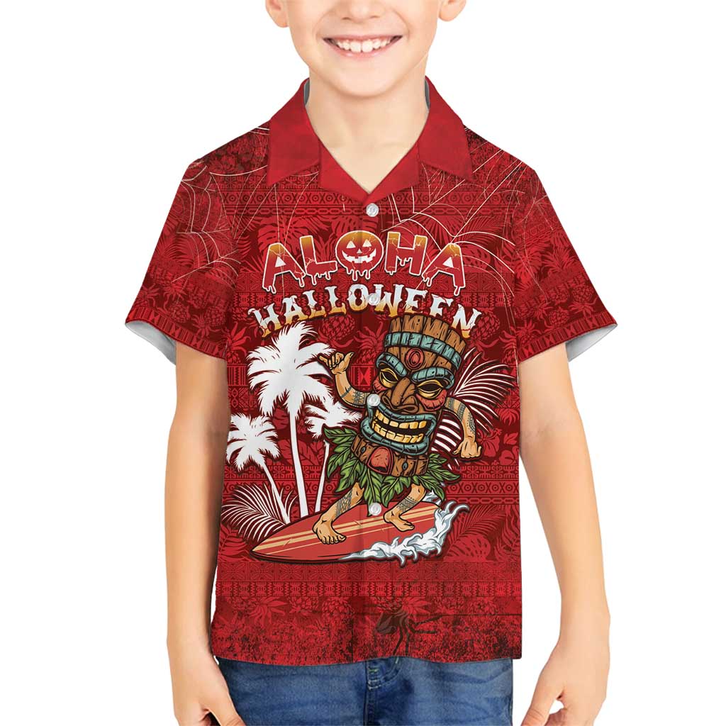 Personalised Aloha Halloween Family Matching Puletasi and Hawaiian Shirt Skeleton Surfing LT05 Son's Shirt Red - Polynesian Pride