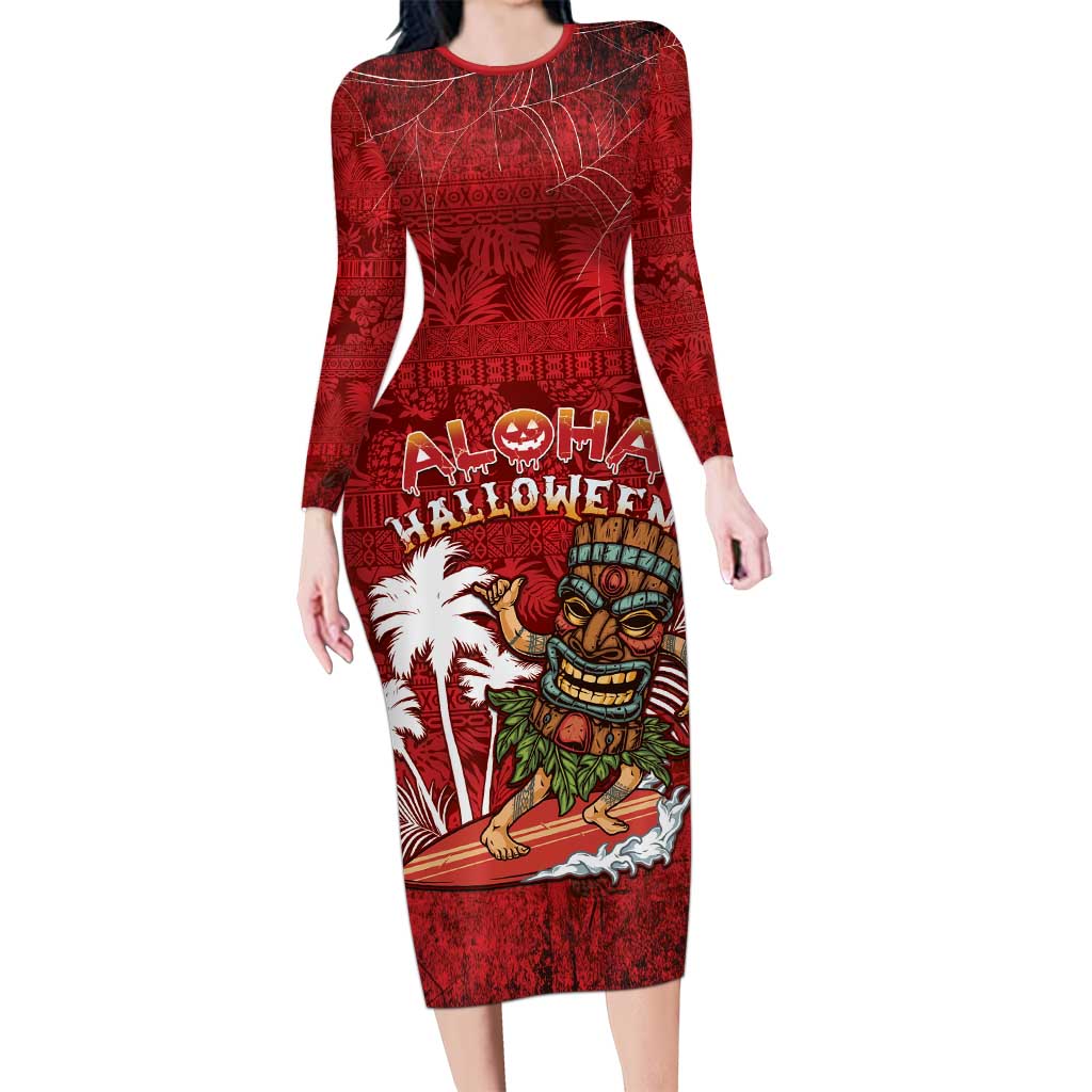 Personalised Aloha Halloween Long Sleeve Bodycon Dress Skeleton Surfing