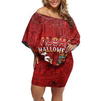 Personalised Aloha Halloween Off Shoulder Short Dress Skeleton Surfing LT05 Women Red - Polynesian Pride