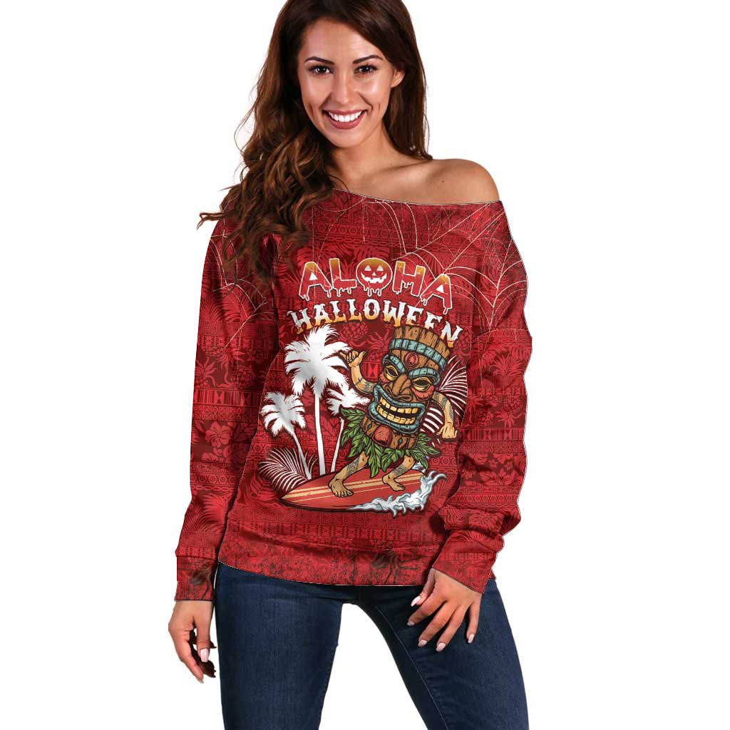 Personalised Aloha Halloween Off Shoulder Sweater Skeleton Surfing