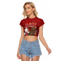 Personalised Aloha Halloween Raglan Cropped T Shirt Skeleton Surfing LT05 Female Red - Polynesian Pride