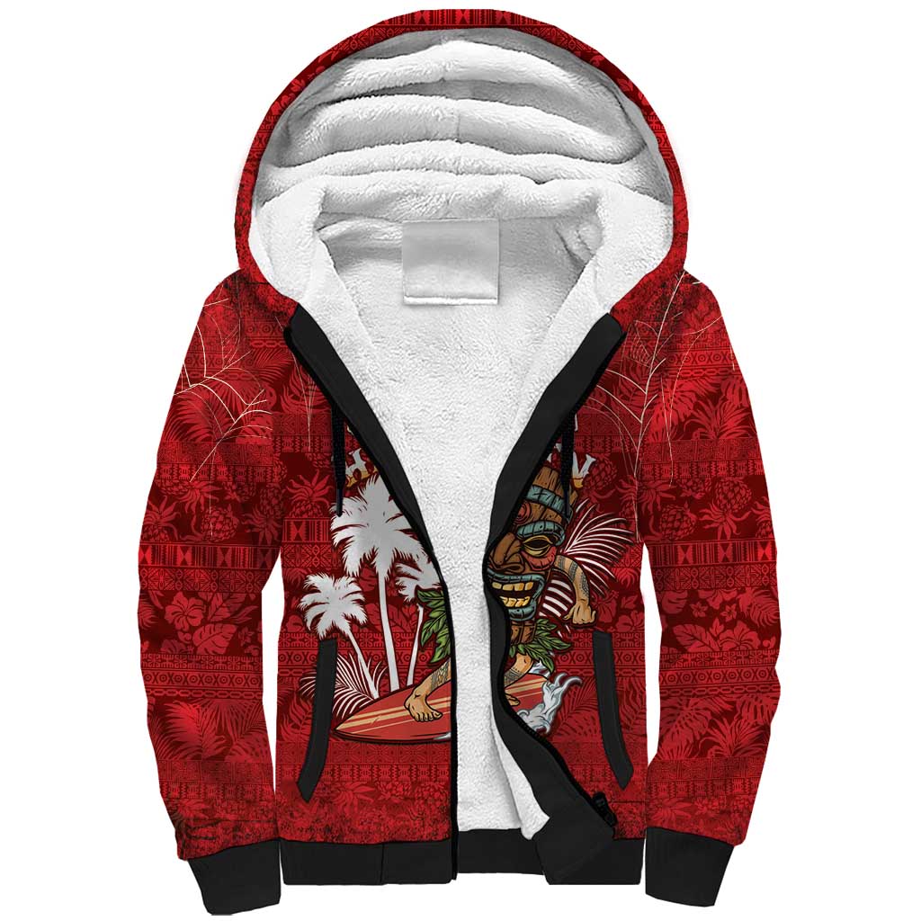 Personalised Aloha Halloween Sherpa Hoodie Skeleton Surfing LT05 Unisex Red - Polynesian Pride