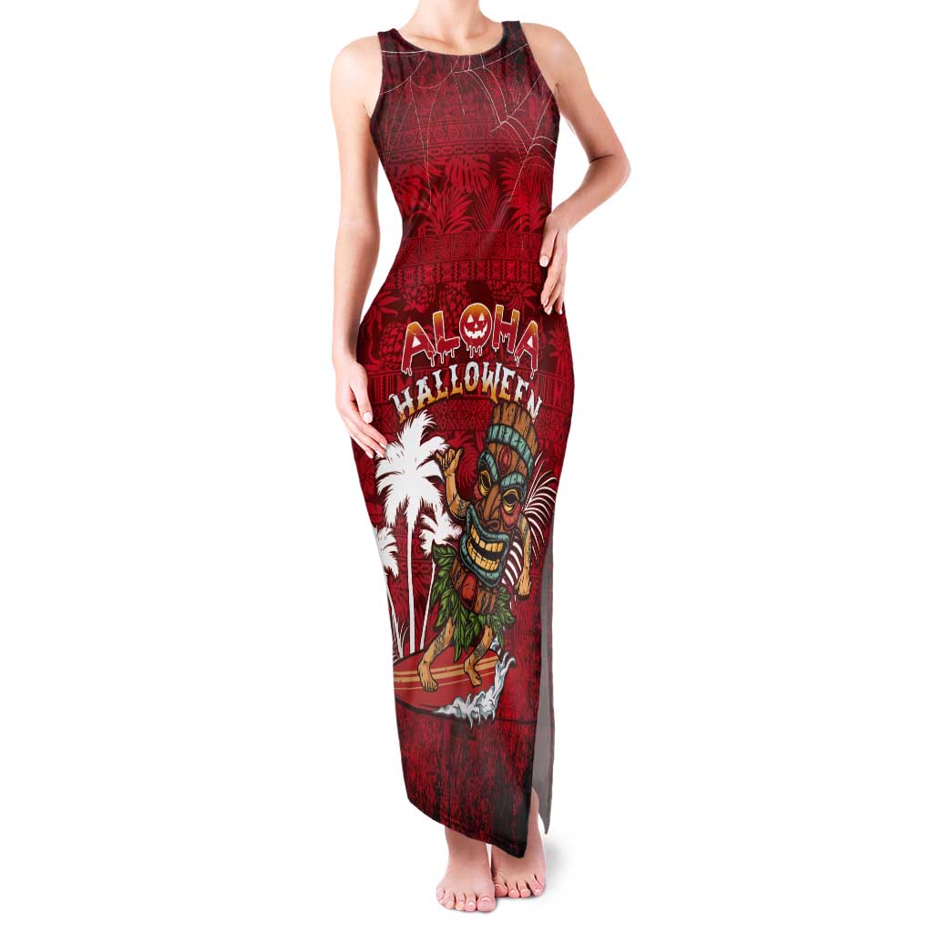 Personalised Aloha Halloween Tank Maxi Dress Skeleton Surfing LT05 Women Red - Polynesian Pride