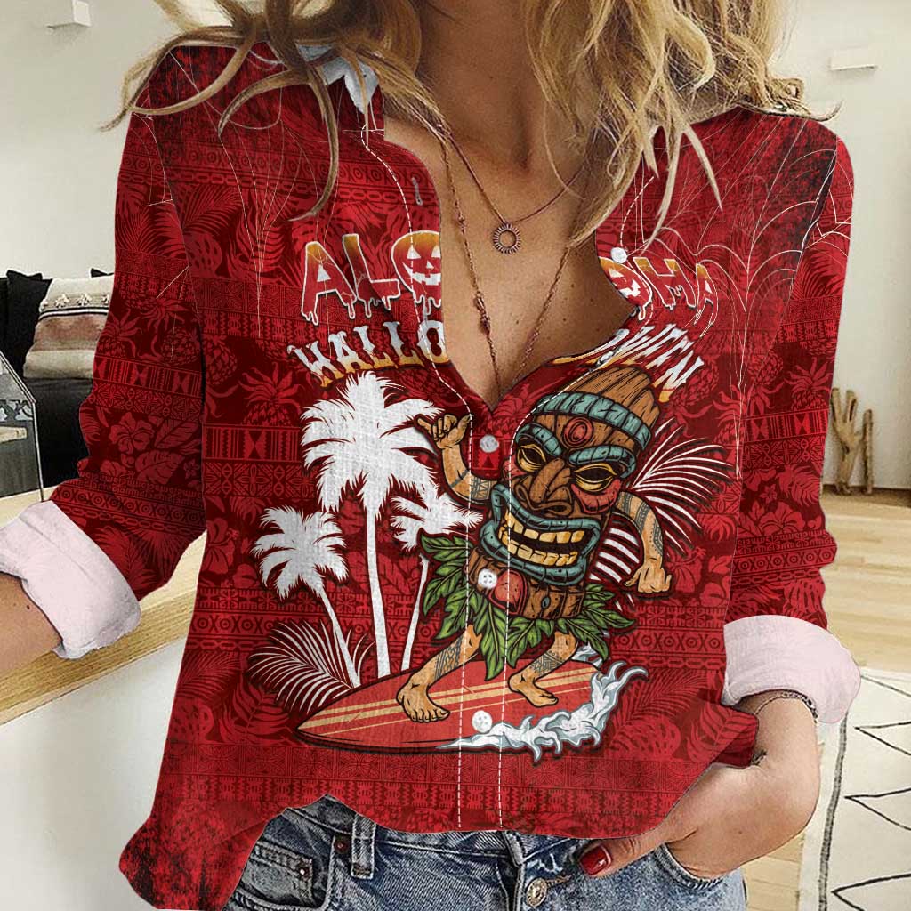 Personalised Aloha Halloween Women Casual Shirt Skeleton Surfing