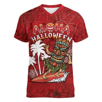 Personalised Aloha Halloween Women V-Neck T-Shirt Skeleton Surfing LT05 Female Red - Polynesian Pride