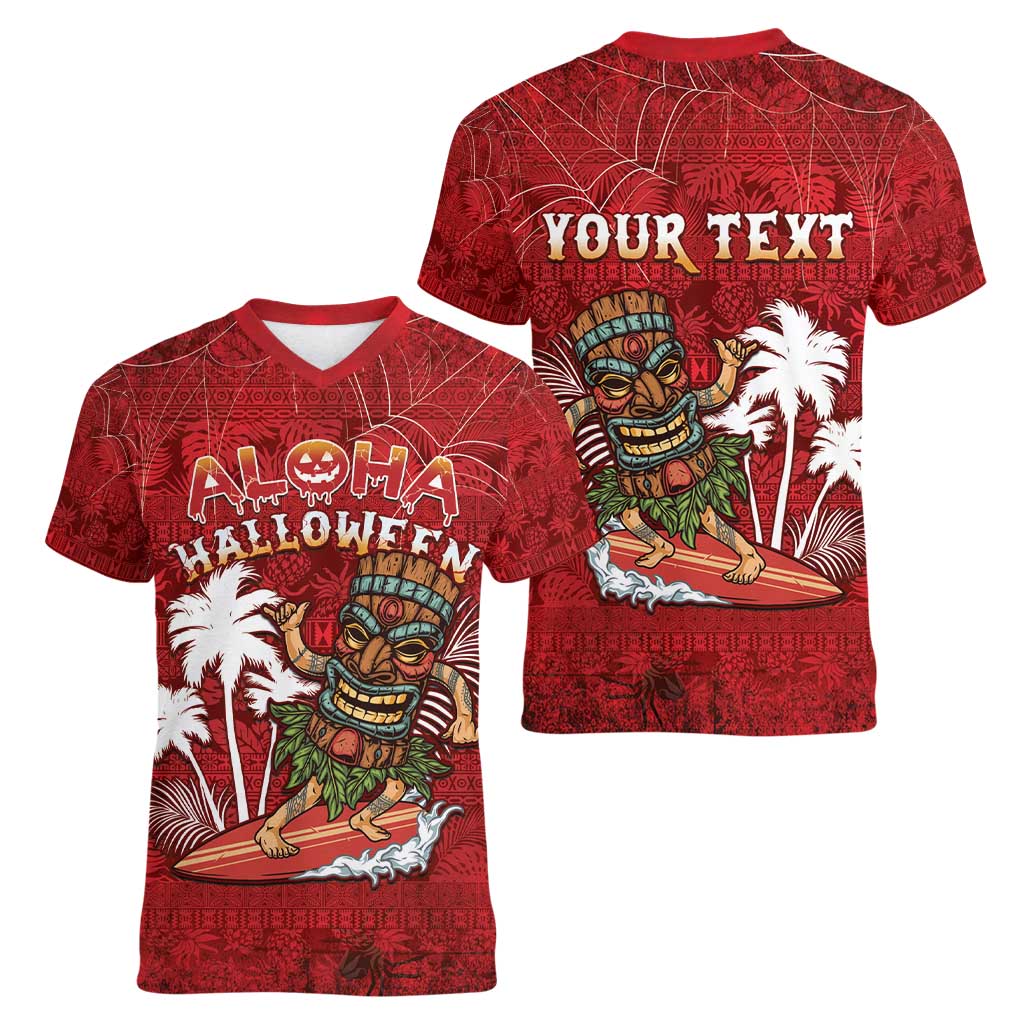 Personalised Aloha Halloween Women V-Neck T-Shirt Skeleton Surfing LT05 - Polynesian Pride