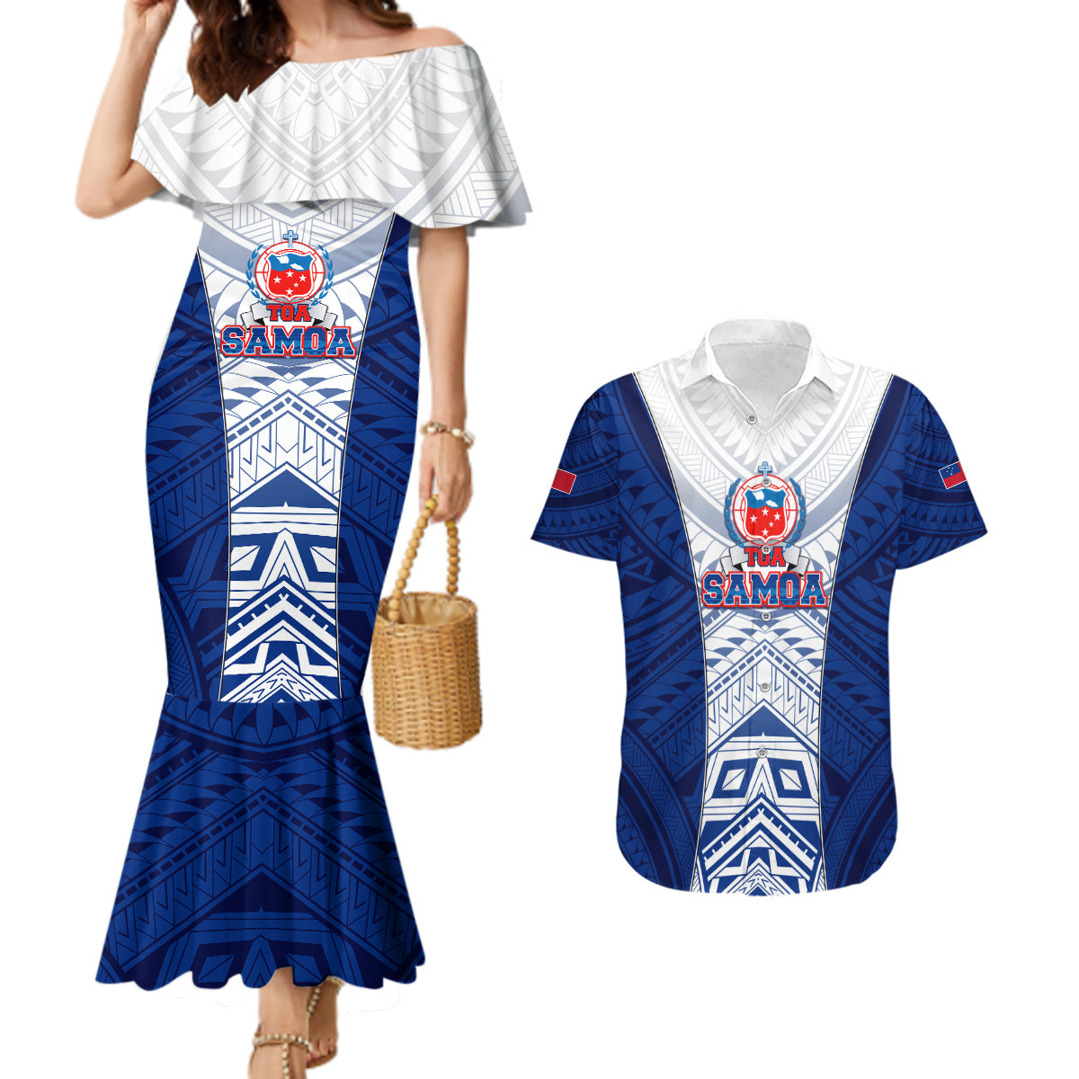 Custom Samoa Rugby Couples Matching Mermaid Dress and Hawaiian Shirt 2023 Pacific Championships Polynesian Pattern LT05 Blue - Polynesian Pride