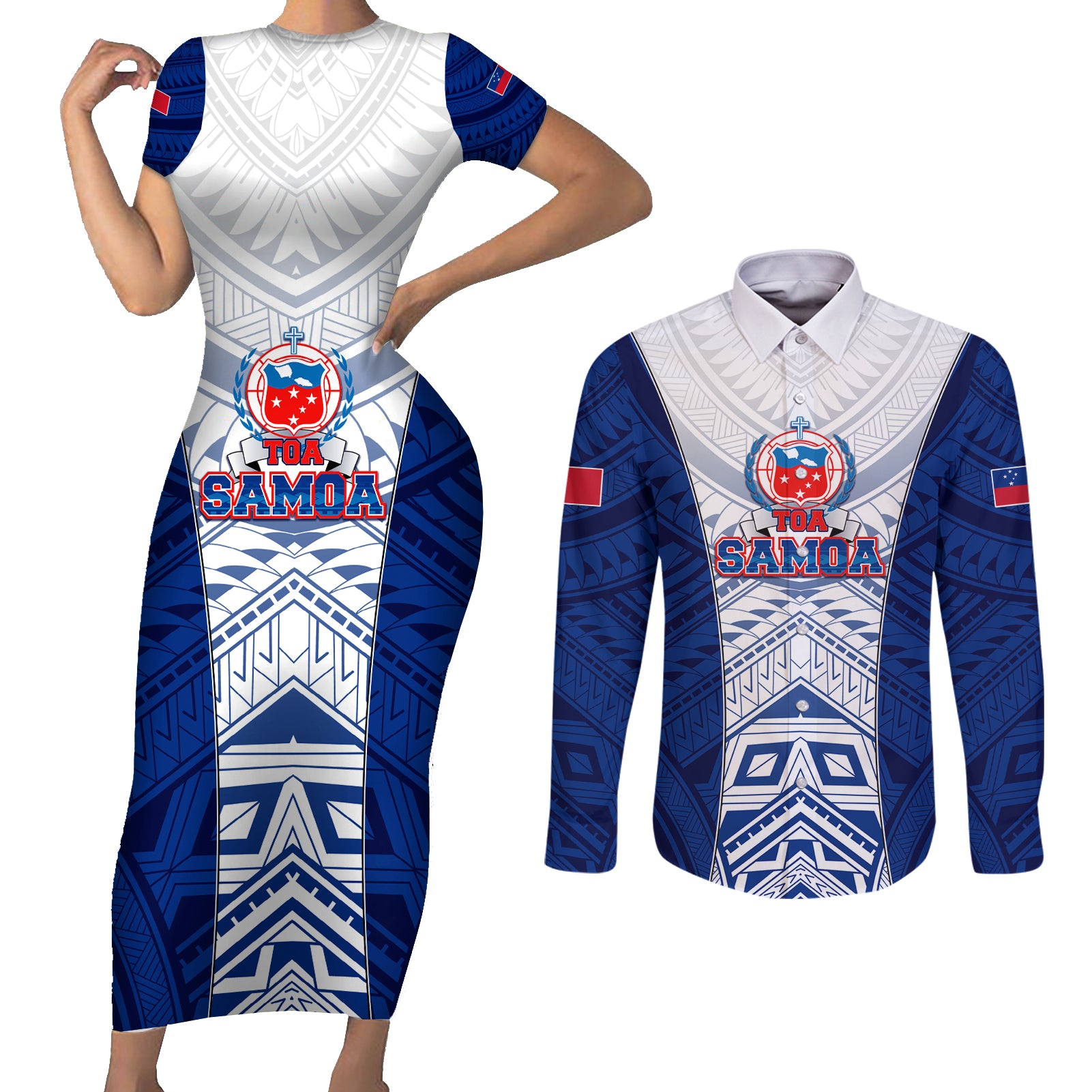 Custom Samoa Rugby Couples Matching Short Sleeve Bodycon Dress and Long Sleeve Button Shirt 2023 Pacific Championships Polynesian Pattern LT05 Blue - Polynesian Pride