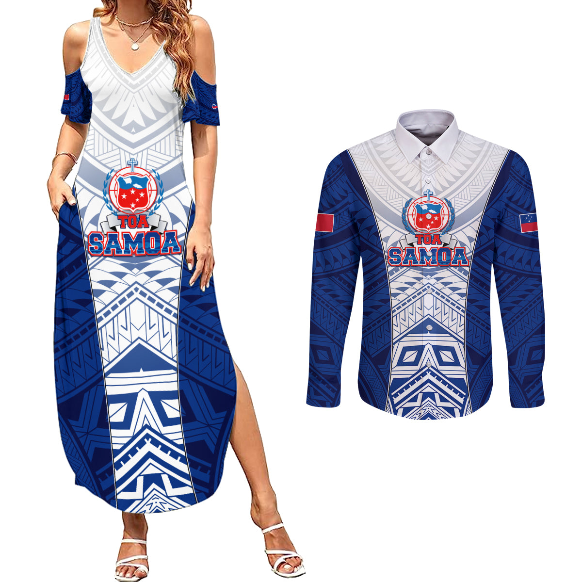 Custom Samoa Rugby Couples Matching Summer Maxi Dress and Long Sleeve Button Shirt 2023 Pacific Championships Polynesian Pattern LT05 Blue - Polynesian Pride