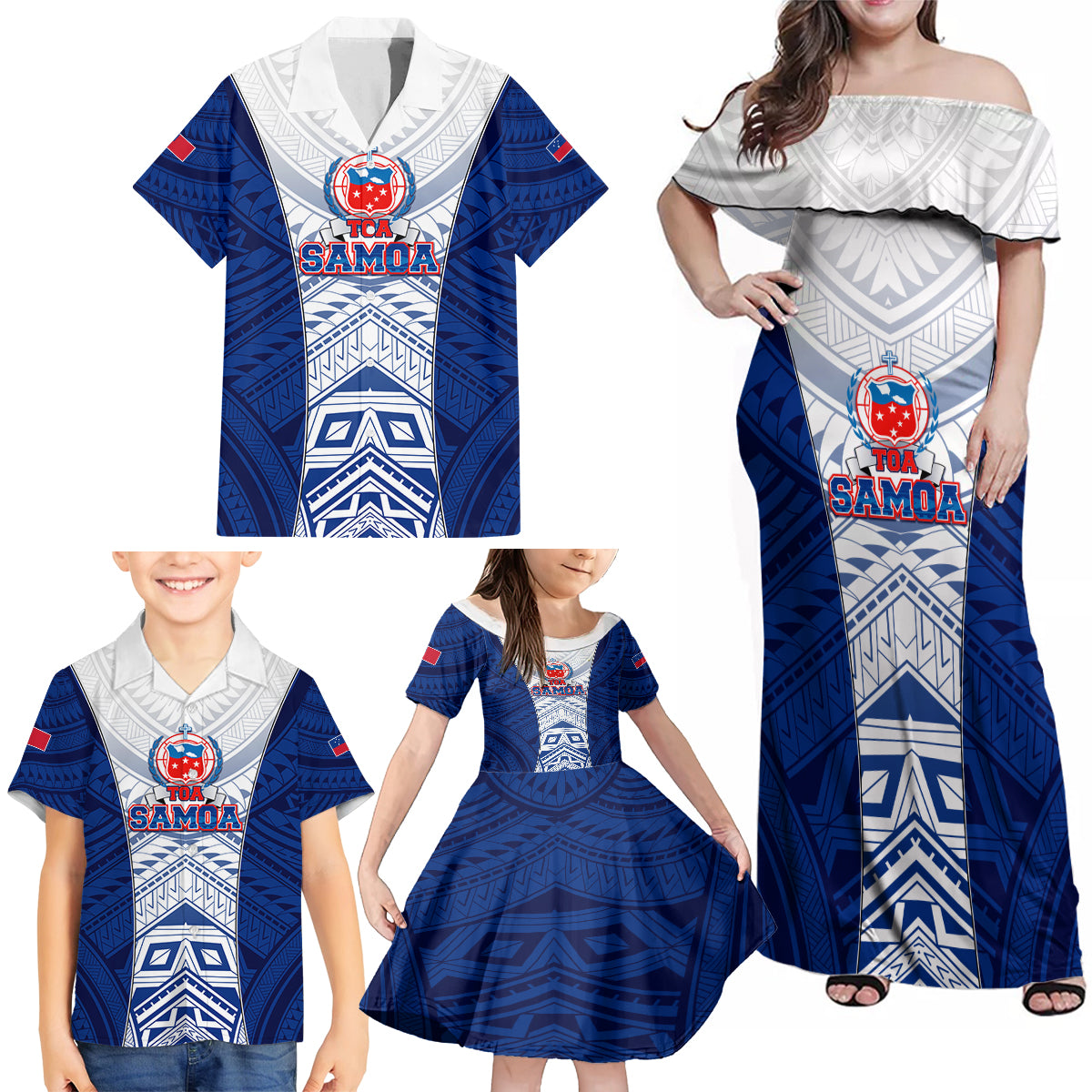 Custom Samoa Rugby Family Matching Off Shoulder Maxi Dress and Hawaiian Shirt 2023 Pacific Championships Polynesian Pattern LT05 - Polynesian Pride