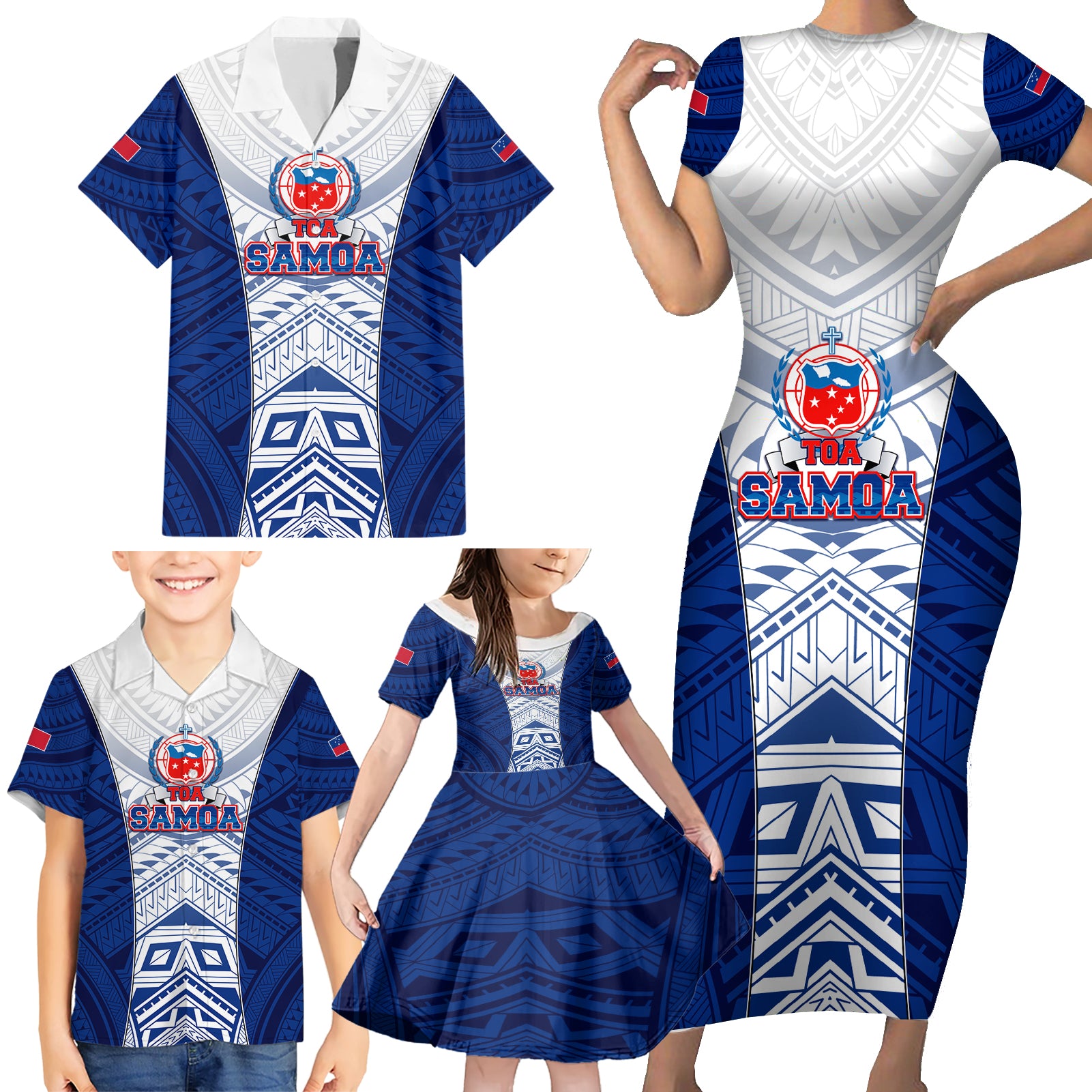 Custom Samoa Rugby Family Matching Short Sleeve Bodycon Dress and Hawaiian Shirt 2023 Pacific Championships Polynesian Pattern LT05 - Polynesian Pride