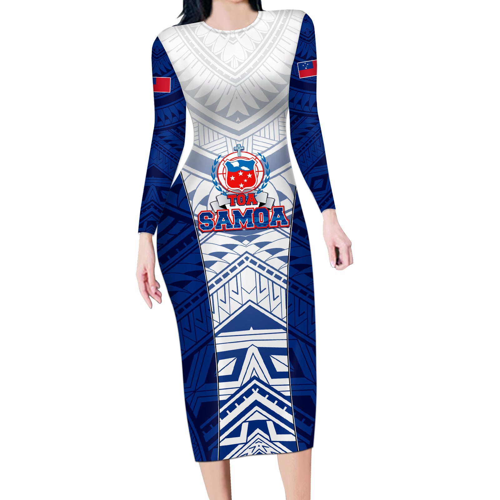 Custom Samoa Rugby Long Sleeve Bodycon Dress 2023 Pacific Championships Polynesian Pattern LT05 Long Dress Blue - Polynesian Pride