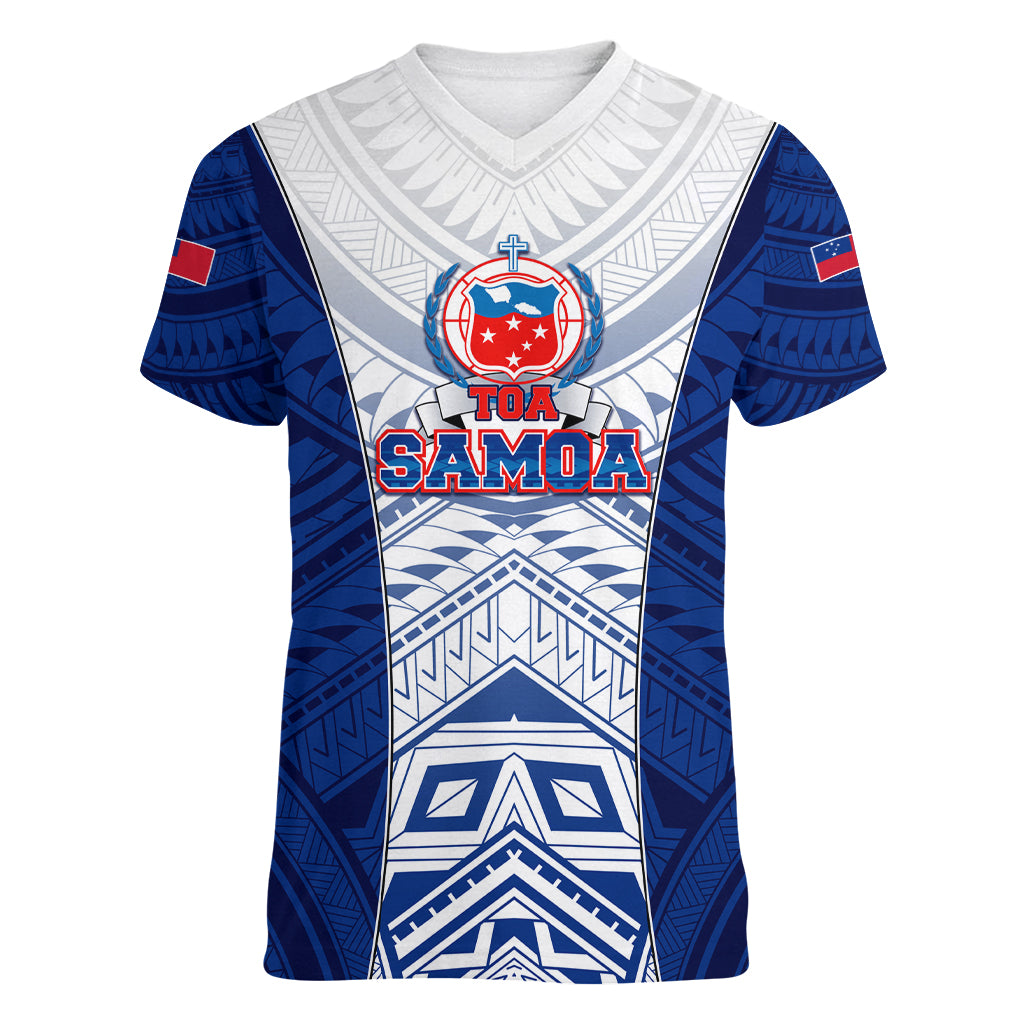 Custom Samoa Rugby Women V Neck T Shirt 2023 Pacific Championships Polynesian Pattern LT05 Female Blue - Polynesian Pride