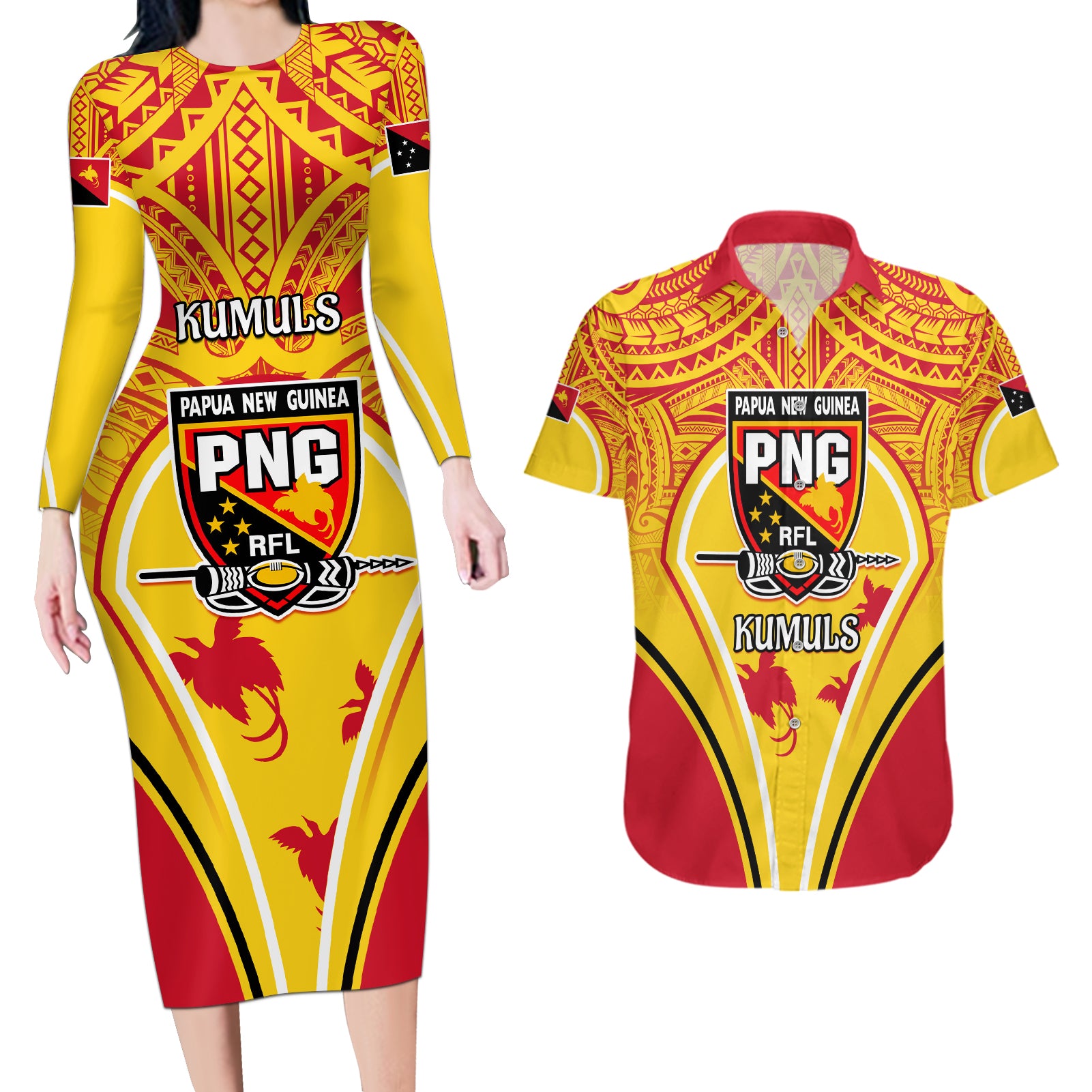 Custom Papua New Guinea Rugby Couples Matching Long Sleeve Bodycon Dress and Hawaiian Shirt 2023 Pacific Championships The Kumuls LT05 Yellow - Polynesian Pride