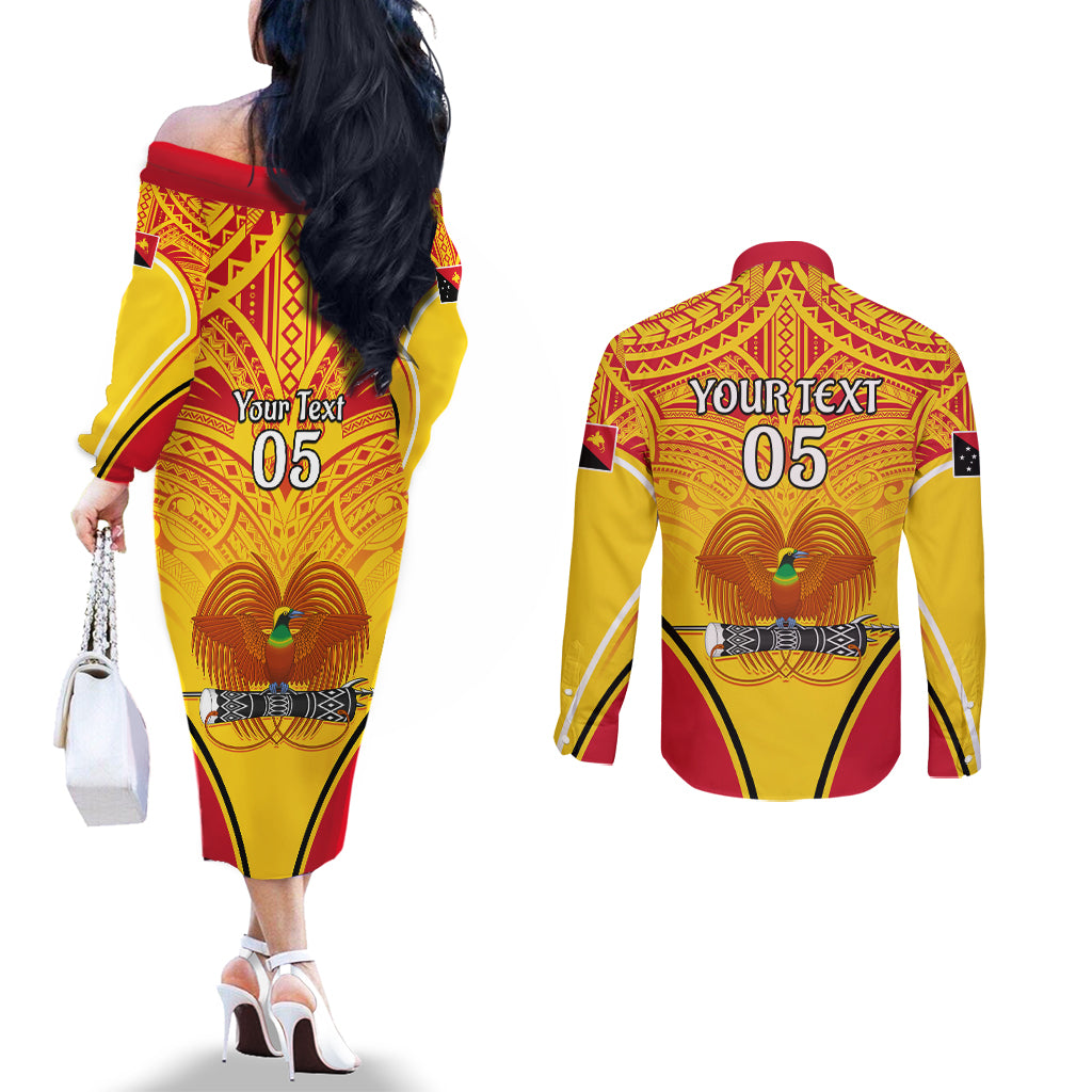 Custom Papua New Guinea Rugby Couples Matching Off The Shoulder Long Sleeve Dress and Long Sleeve Button Shirt 2023 Pacific Championships The Kumuls LT05 - Polynesian Pride