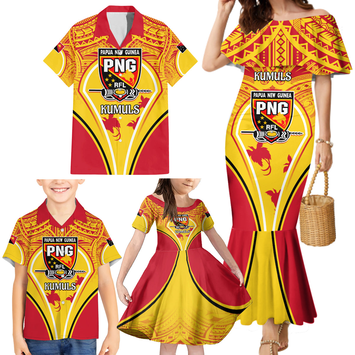 Custom Papua New Guinea Rugby Family Matching Mermaid Dress and Hawaiian Shirt 2023 Pacific Championships The Kumuls LT05 - Polynesian Pride