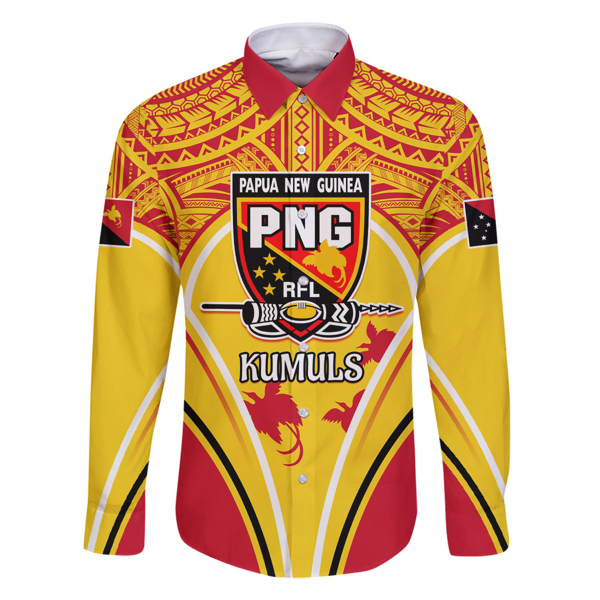 Custom Papua New Guinea Rugby Family Matching Mermaid Dress and Hawaiian Shirt 2023 Pacific Championships The Kumuls LT05 Dad's Shirt - Long Sleeve Yellow - Polynesian Pride