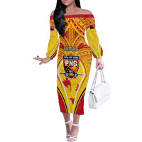 Custom Papua New Guinea Rugby Family Matching Off Shoulder Long Sleeve Dress and Hawaiian Shirt 2023 Pacific Championships The Kumuls LT05 Mom's Dress Yellow - Polynesian Pride