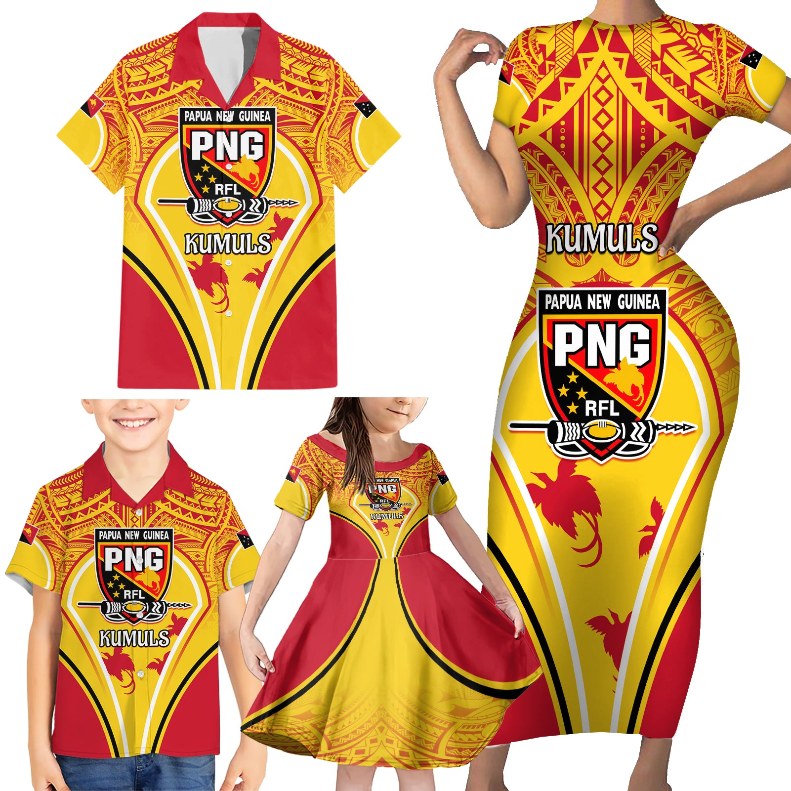 Custom Papua New Guinea Rugby Family Matching Short Sleeve Bodycon Dress and Hawaiian Shirt 2023 Pacific Championships The Kumuls LT05 - Polynesian Pride