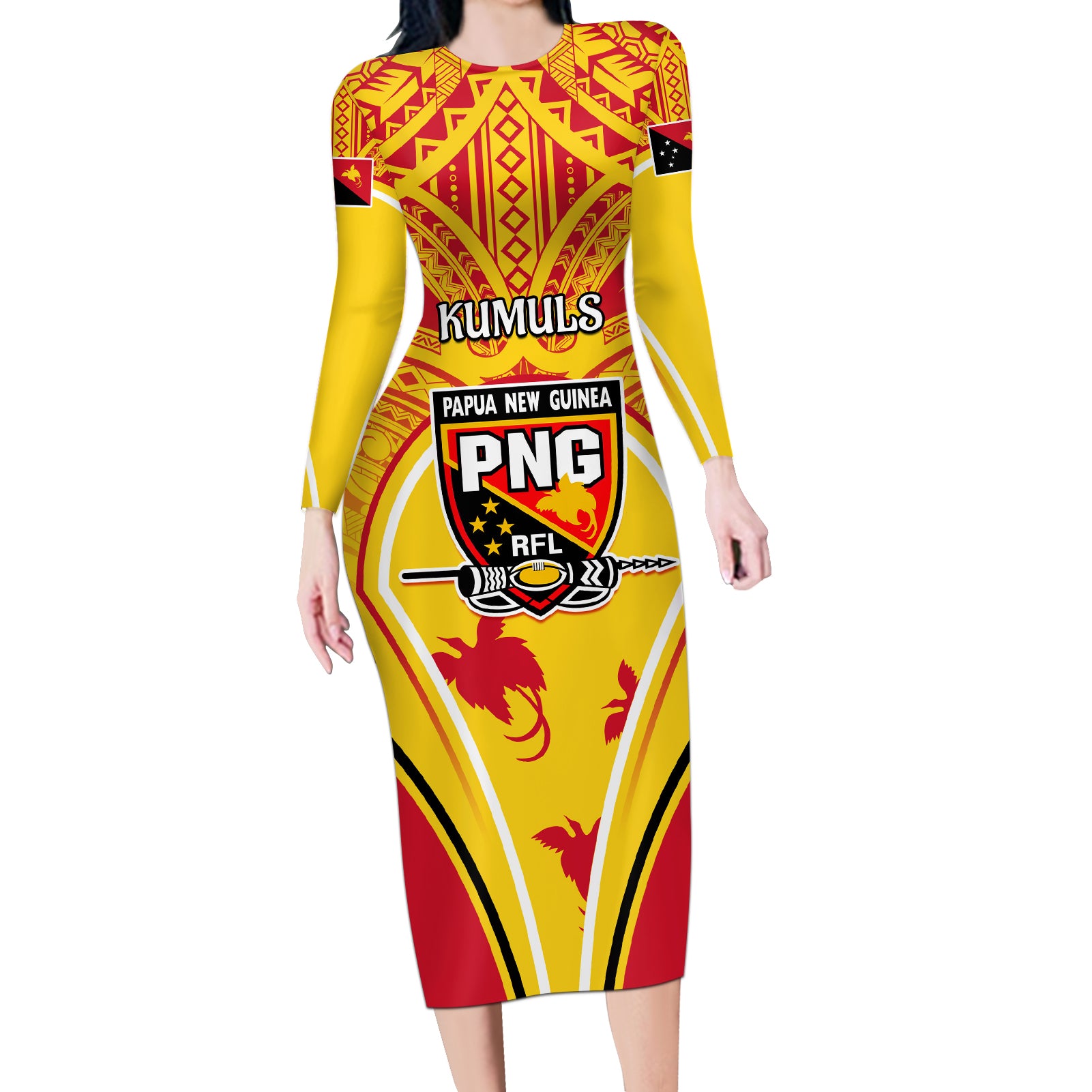 Custom Papua New Guinea Rugby Long Sleeve Bodycon Dress 2023 Pacific Championships The Kumuls LT05 Long Dress Yellow - Polynesian Pride