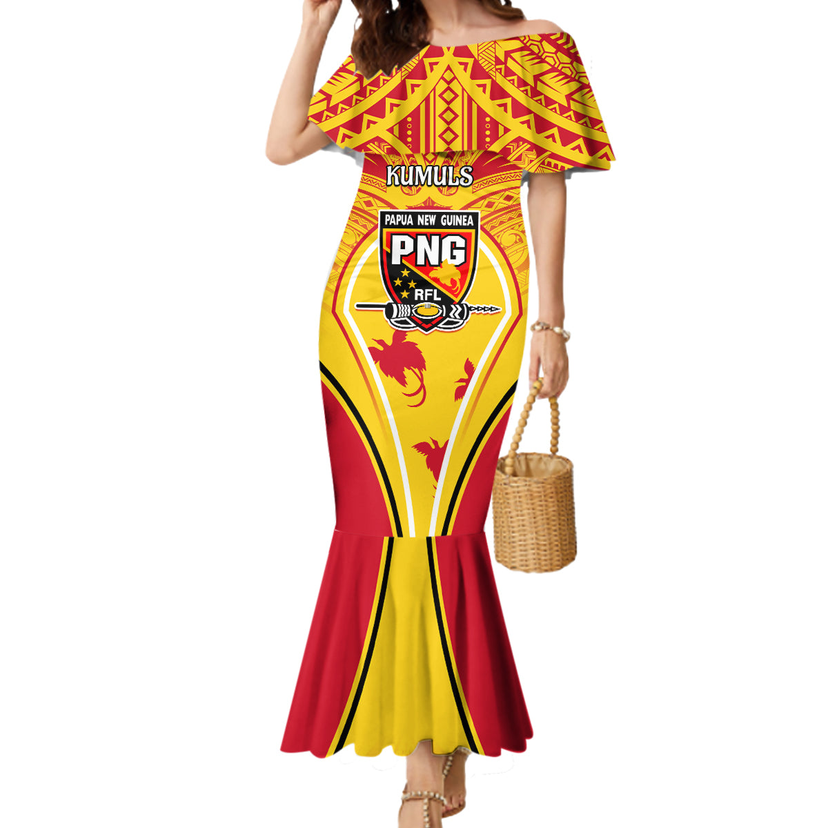 Custom Papua New Guinea Rugby Mermaid Dress 2023 Pacific Championships The Kumuls LT05 Women Yellow - Polynesian Pride