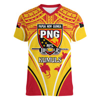 Custom Papua New Guinea Rugby Women V Neck T Shirt 2023 Pacific Championships The Kumuls LT05 Female Yellow - Polynesian Pride