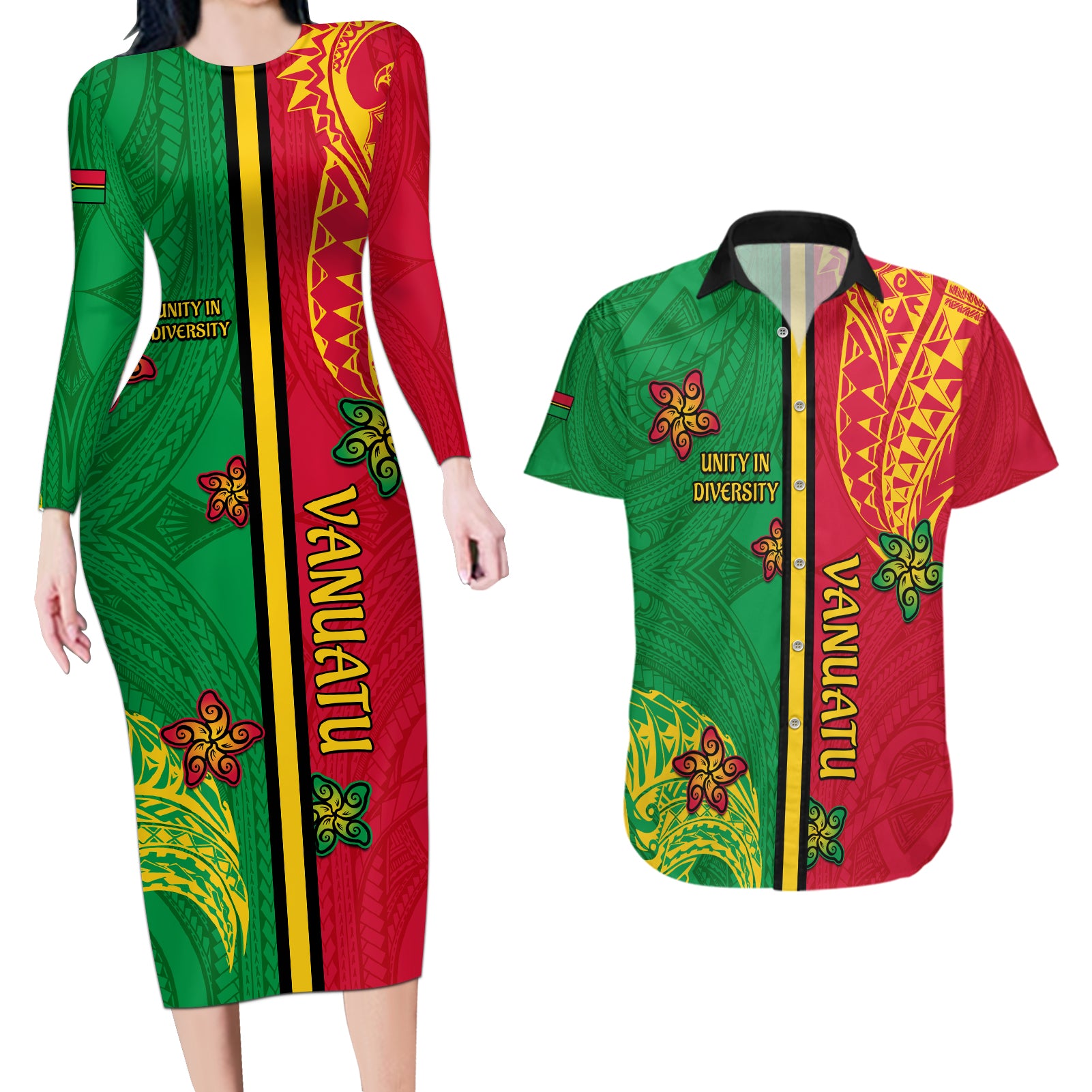 Personalised Vanuatu Happy Unity Day Couples Matching Long Sleeve Bodycon Dress and Hawaiian Shirt Polynesian Plumeria LT05 Red - Polynesian Pride