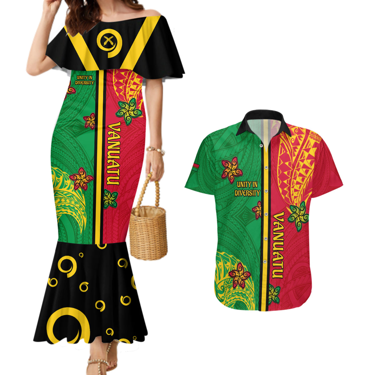 Personalised Vanuatu Happy Unity Day Couples Matching Mermaid Dress and Hawaiian Shirt Polynesian Plumeria LT05 Red - Polynesian Pride