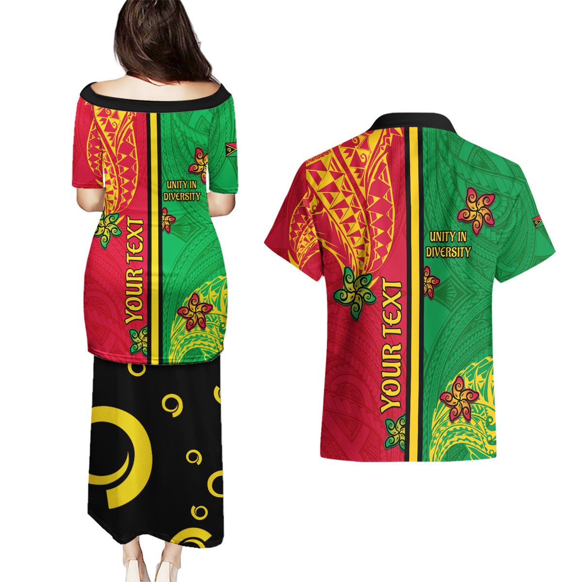 Personalised Vanuatu Happy Unity Day Couples Matching Puletasi Dress and Hawaiian Shirt Polynesian Plumeria LT05 - Polynesian Pride