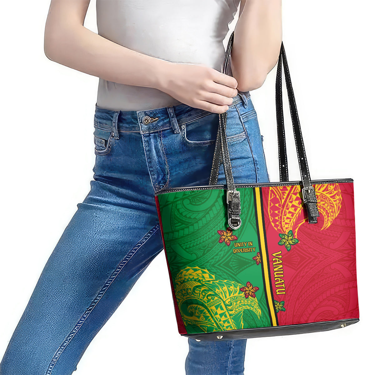 Vanuatu Happy Unity Day Leather Tote Bag Polynesian Plumeria LT05 - Polynesian Pride