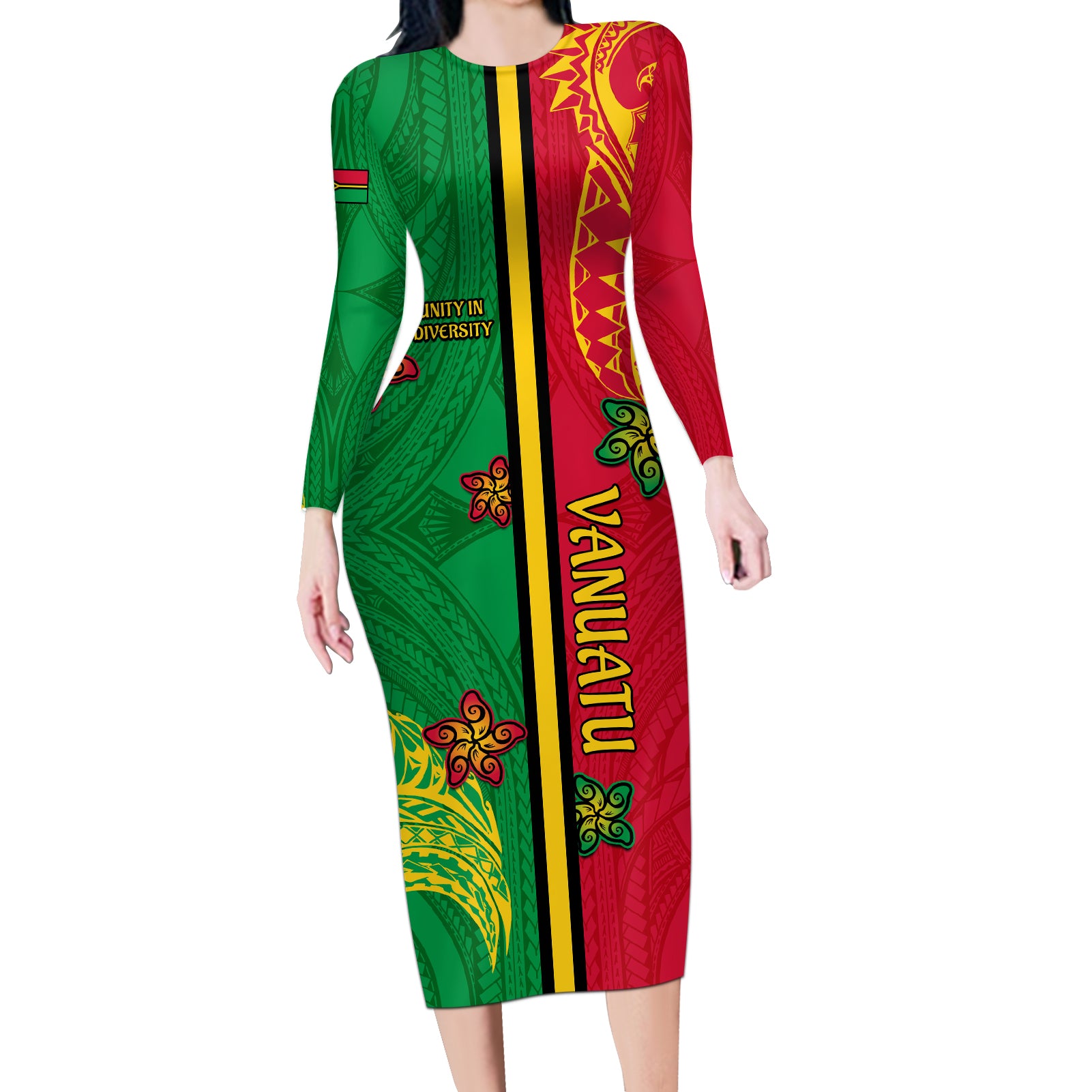 Personalised Vanuatu Happy Unity Day Long Sleeve Bodycon Dress Polynesian Plumeria LT05 Long Dress Red - Polynesian Pride