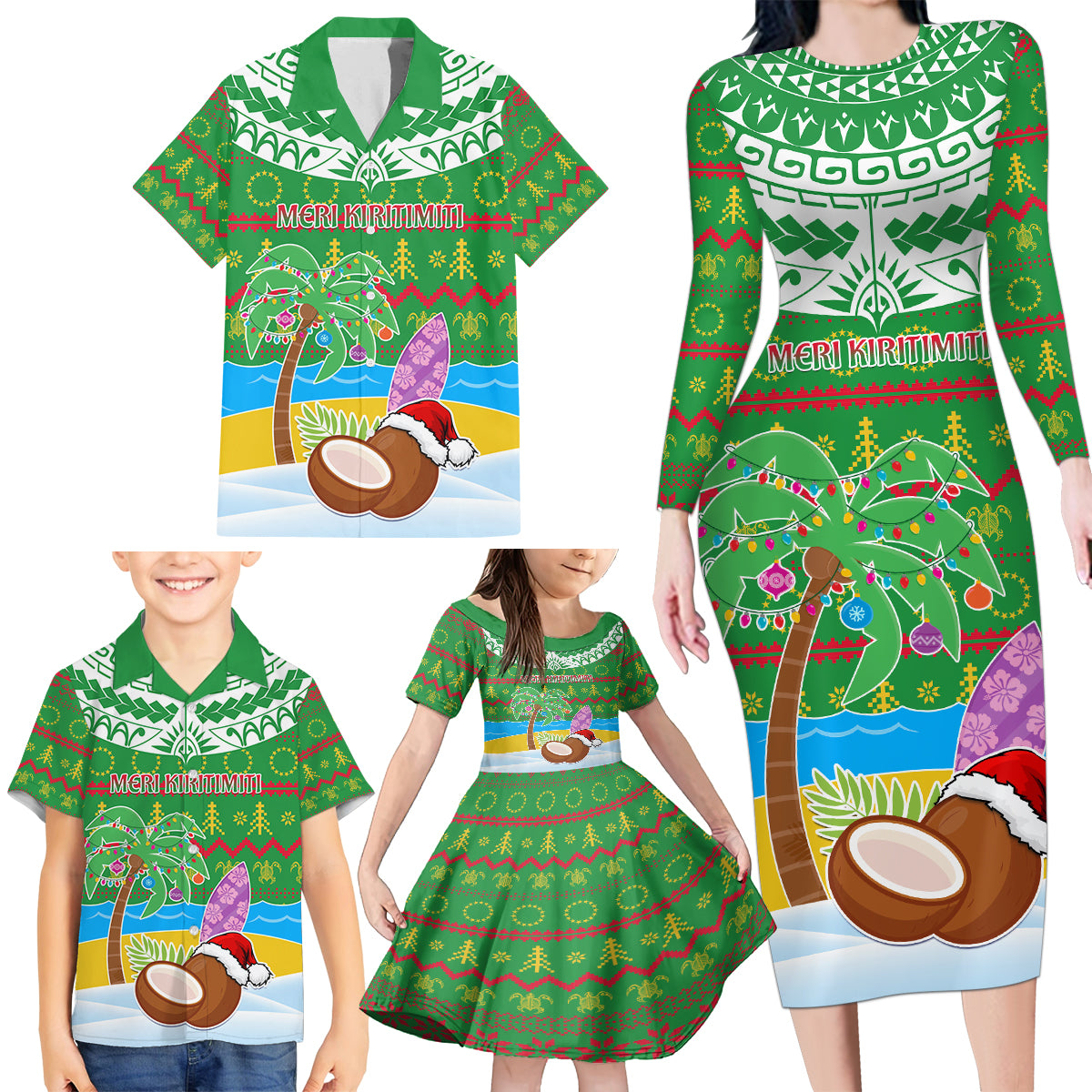 Personalised Cook Islands Christmas Family Matching Long Sleeve Bodycon Dress and Hawaiian Shirt Coconut Santa Beach Style LT05 - Polynesian Pride