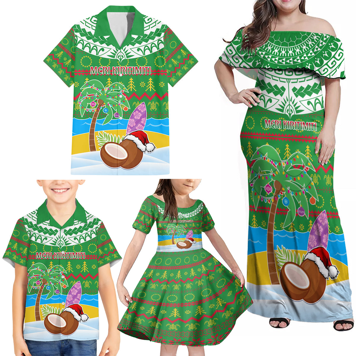 Personalised Cook Islands Christmas Family Matching Off Shoulder Maxi Dress and Hawaiian Shirt Coconut Santa Beach Style LT05 - Polynesian Pride