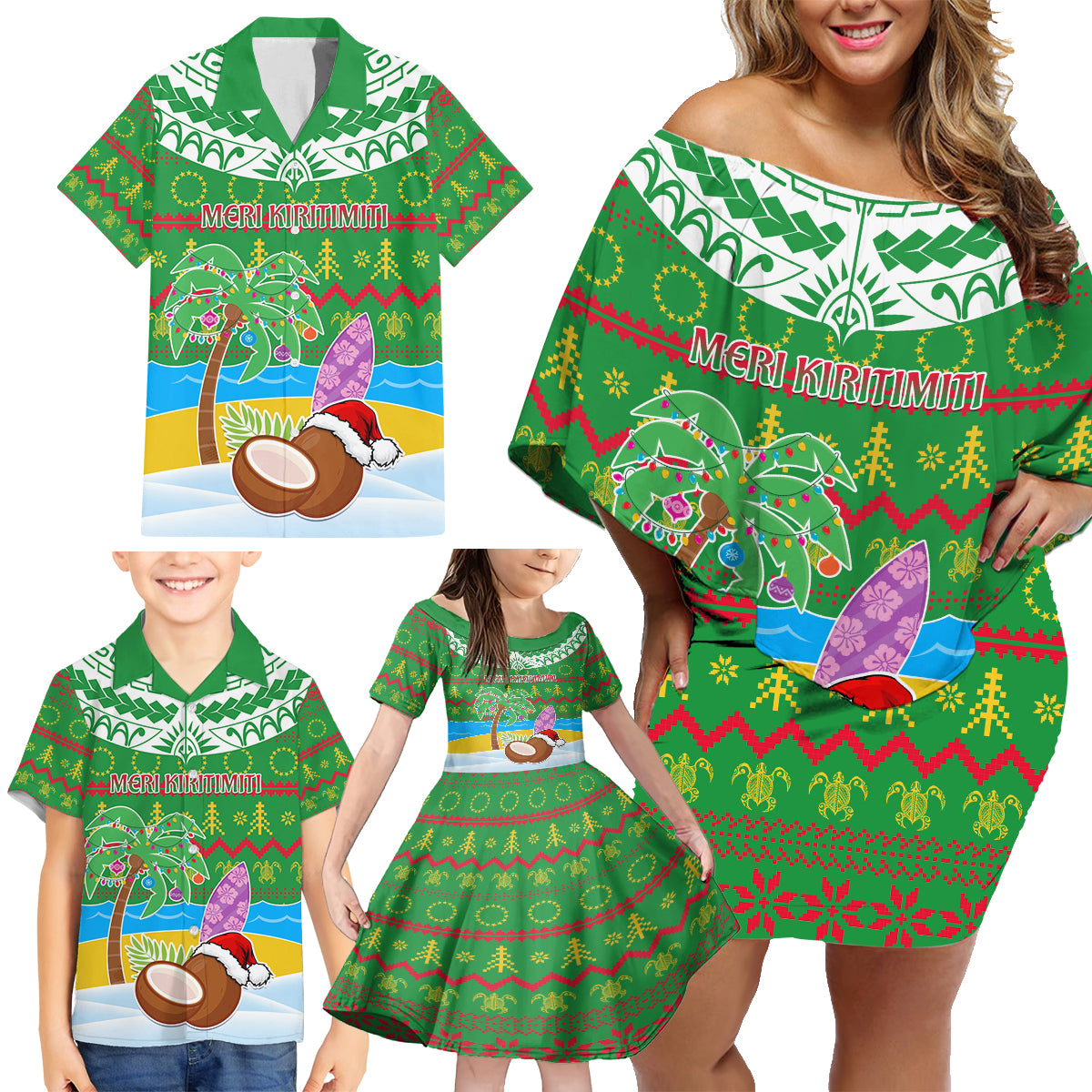 Personalised Cook Islands Christmas Family Matching Off Shoulder Short Dress and Hawaiian Shirt Coconut Santa Beach Style LT05 - Polynesian Pride