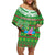 Personalised Cook Islands Christmas Family Matching Off Shoulder Short Dress and Hawaiian Shirt Coconut Santa Beach Style LT05 Mom's Dress Green - Polynesian Pride