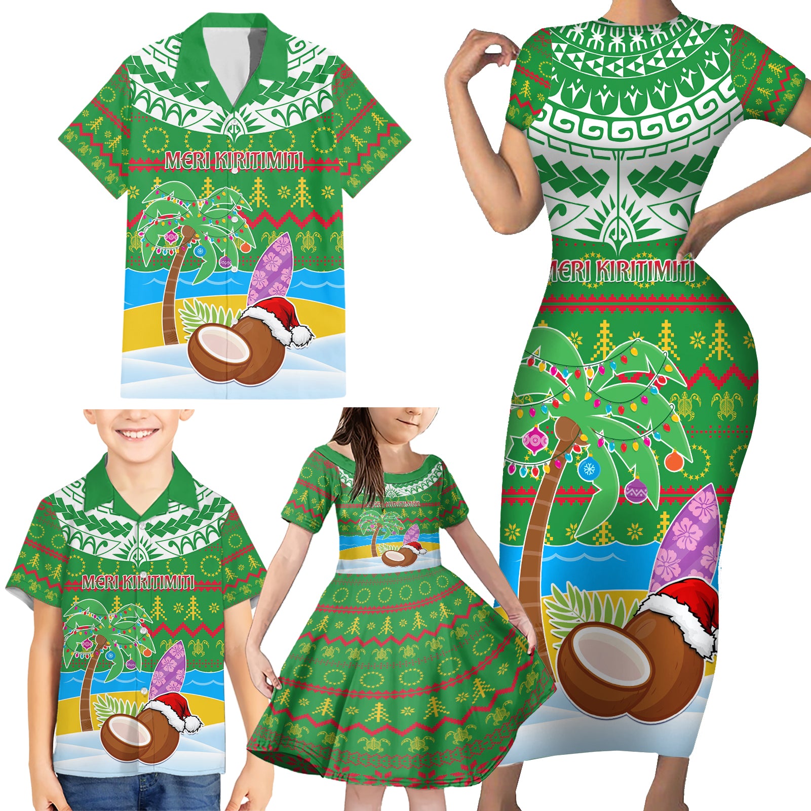 Personalised Cook Islands Christmas Family Matching Short Sleeve Bodycon Dress and Hawaiian Shirt Coconut Santa Beach Style LT05 - Polynesian Pride