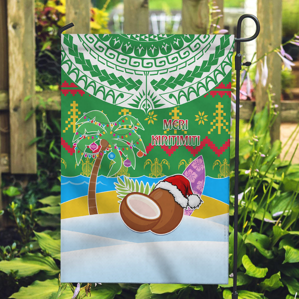 Cook Islands Christmas Garden Flag Coconut Santa Beach Style LT05 Garden Flag Green - Polynesian Pride