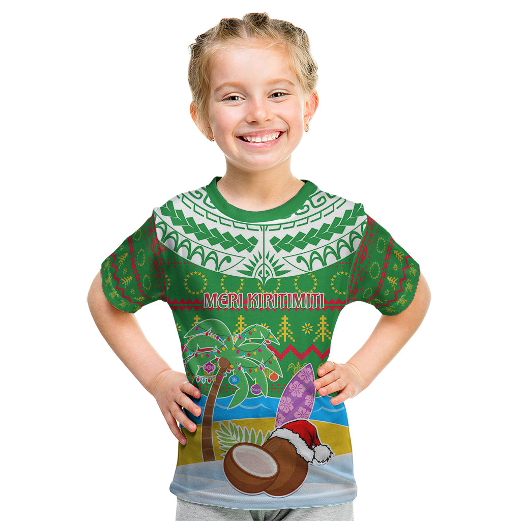 Personalised Cook Islands Christmas Kid T Shirt Coconut Santa Beach Style LT05 Green - Polynesian Pride