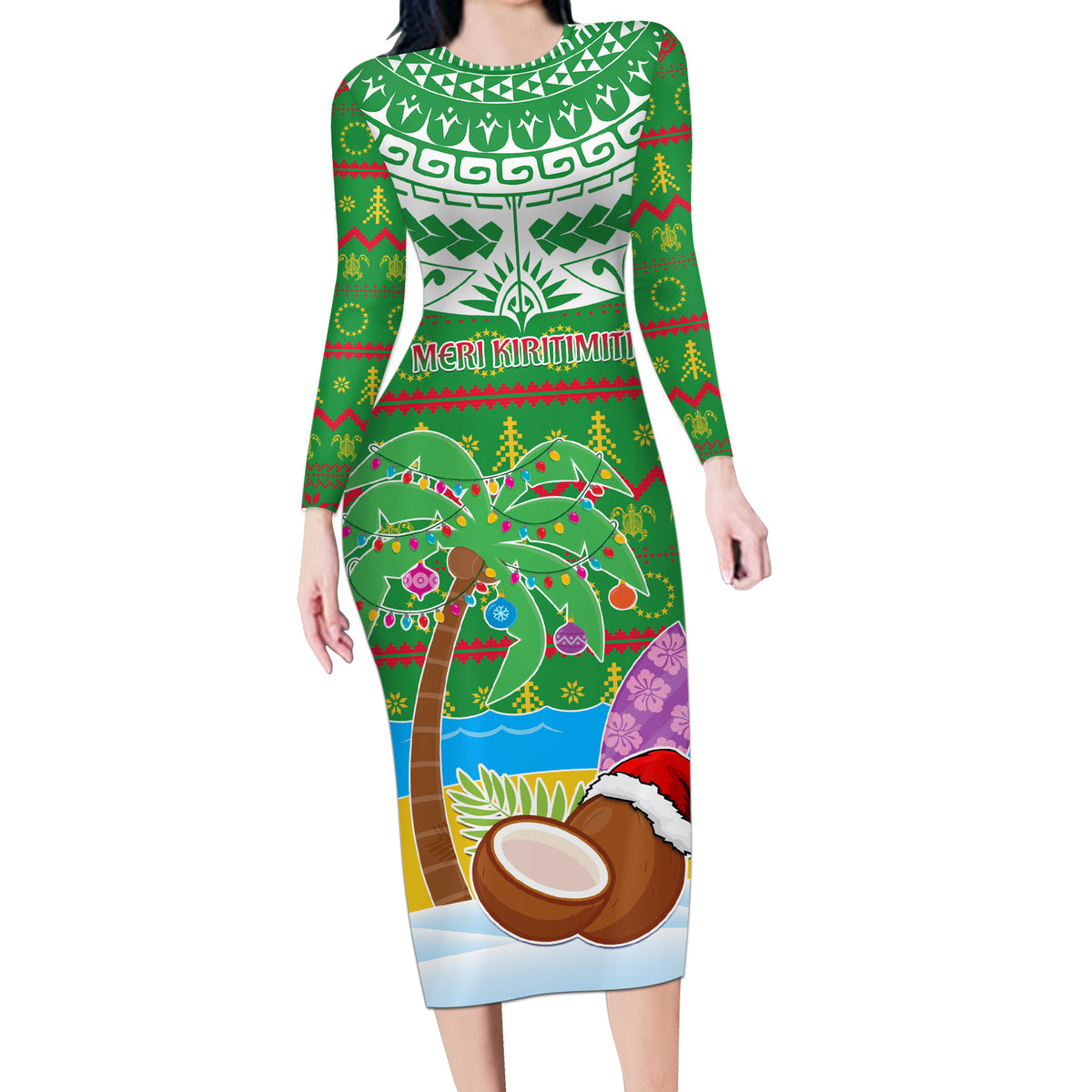 Personalised Cook Islands Christmas Long Sleeve Bodycon Dress Coconut Santa Beach Style LT05 Long Dress Green - Polynesian Pride