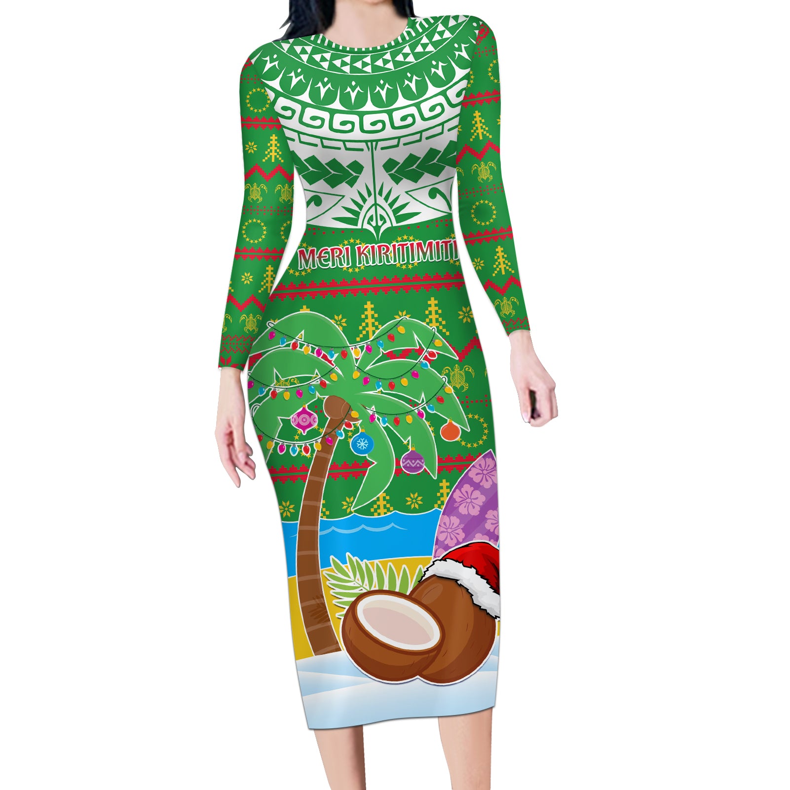 Personalised Cook Islands Christmas Long Sleeve Bodycon Dress Coconut Santa Beach Style LT05 Long Dress Green - Polynesian Pride