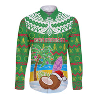 Personalised Cook Islands Christmas Long Sleeve Button Shirt Coconut Santa Beach Style LT05 Unisex Green - Polynesian Pride
