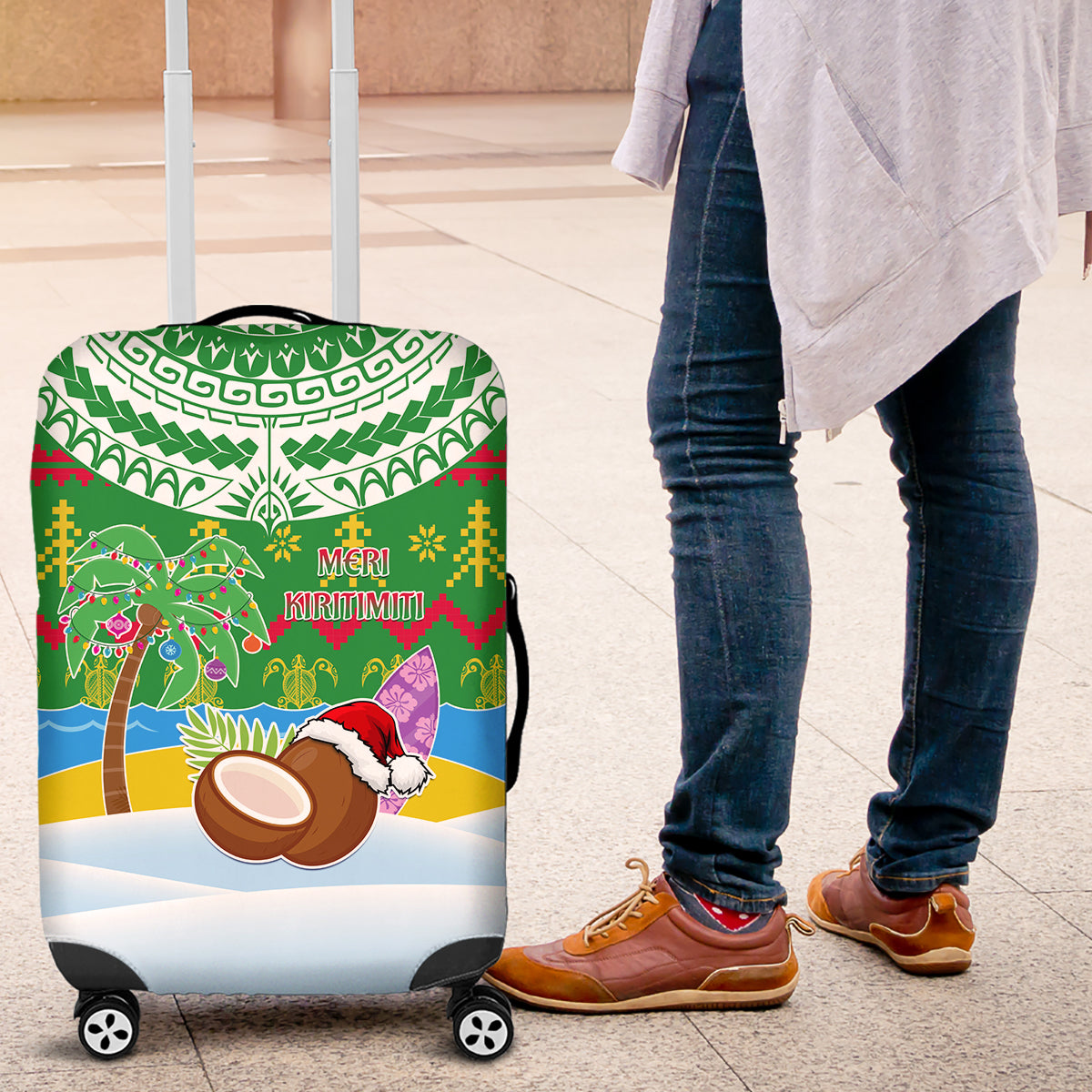 Cook Islands Christmas Luggage Cover Coconut Santa Beach Style LT05 Green - Polynesian Pride