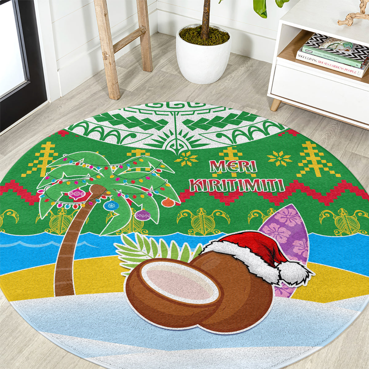 Cook Islands Christmas Round Carpet Coconut Santa Beach Style LT05 Green - Polynesian Pride