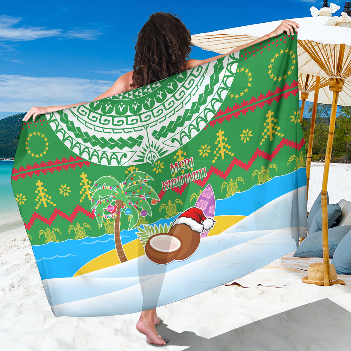 Cook Islands Christmas Sarong Coconut Santa Beach Style LT05 One Size 44 x 66 inches Green - Polynesian Pride