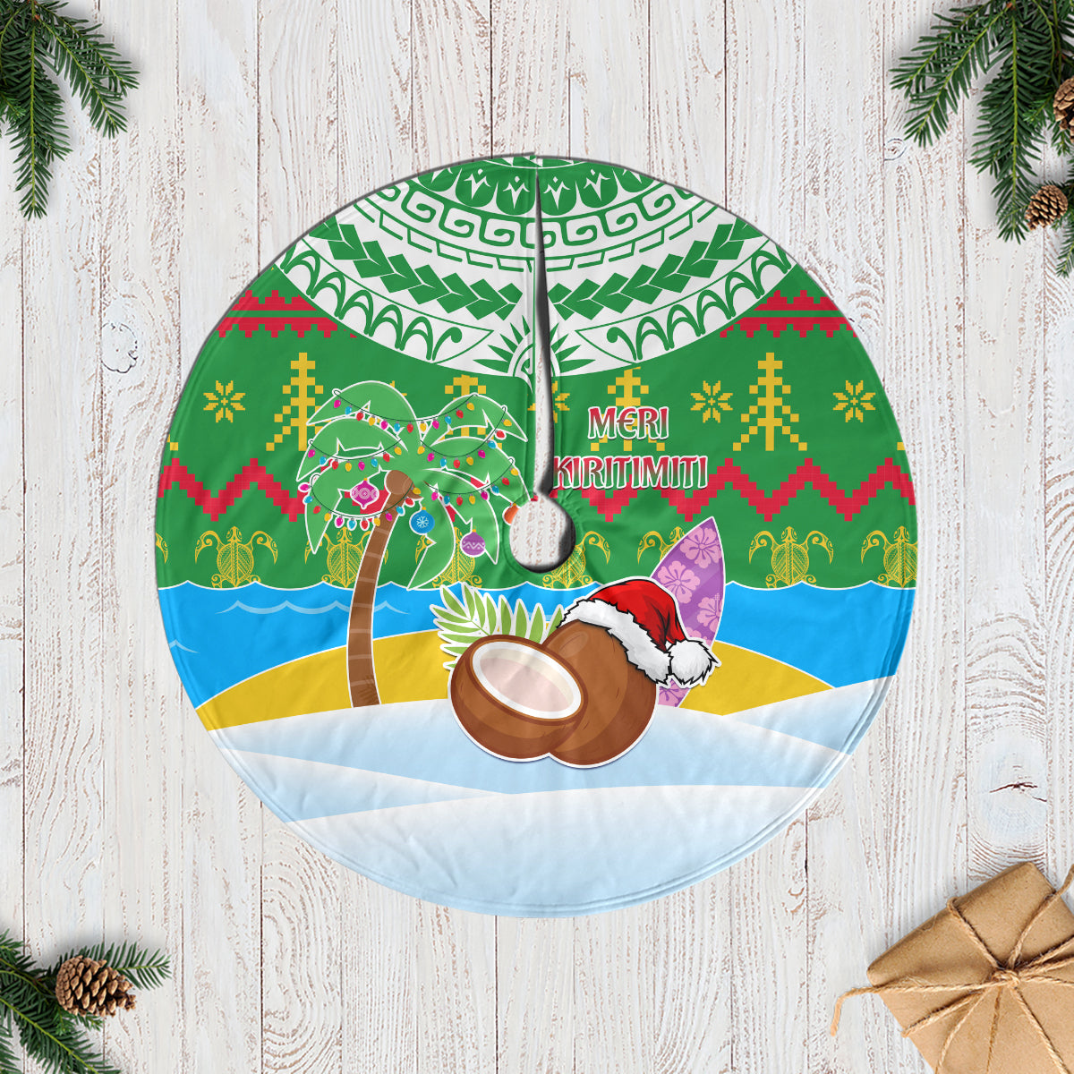 Cook Islands Christmas Tree Skirt Coconut Santa Beach Style LT05 Casual Tree Skirts Green - Polynesian Pride