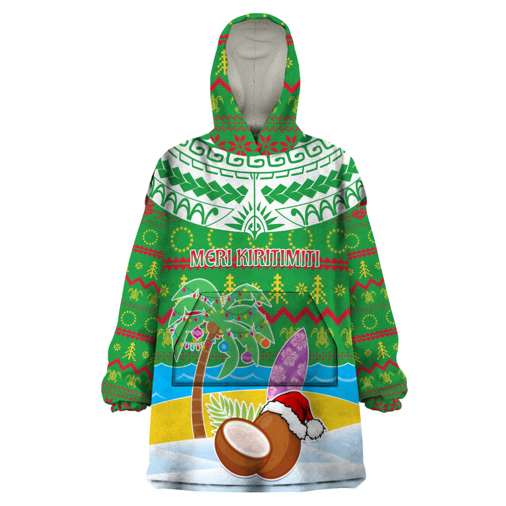 Personalised Cook Islands Christmas Wearable Blanket Hoodie Coconut Santa Beach Style LT05 One Size Green - Polynesian Pride