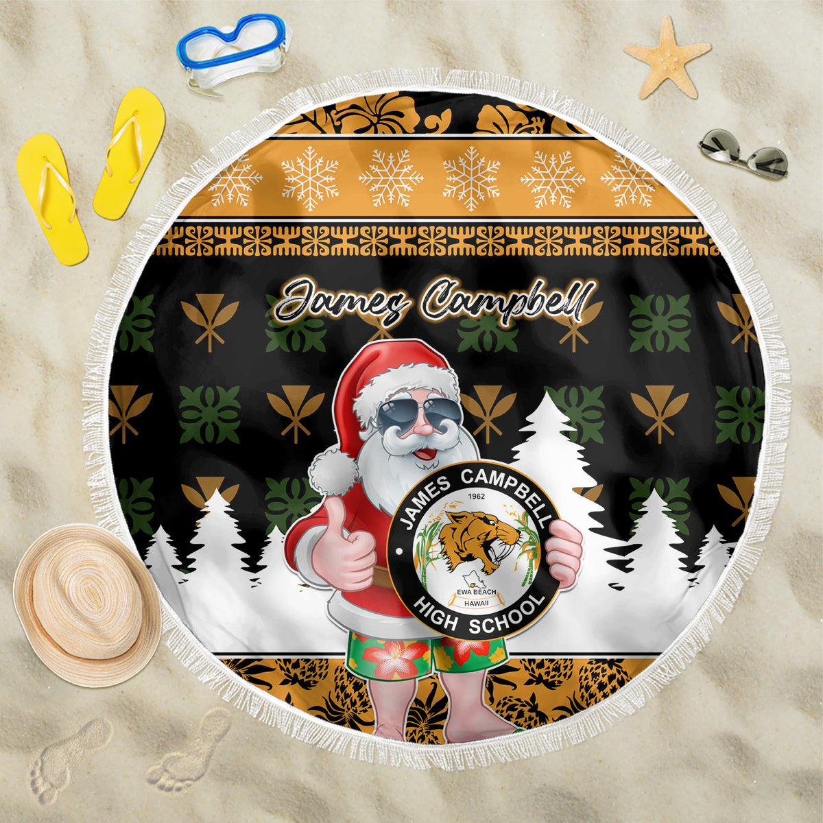 Custom Hawaii James Campbell High School Christmas Beach Blanket Tropical Santa Claus LT05 One Size 150cm Black - Polynesian Pride