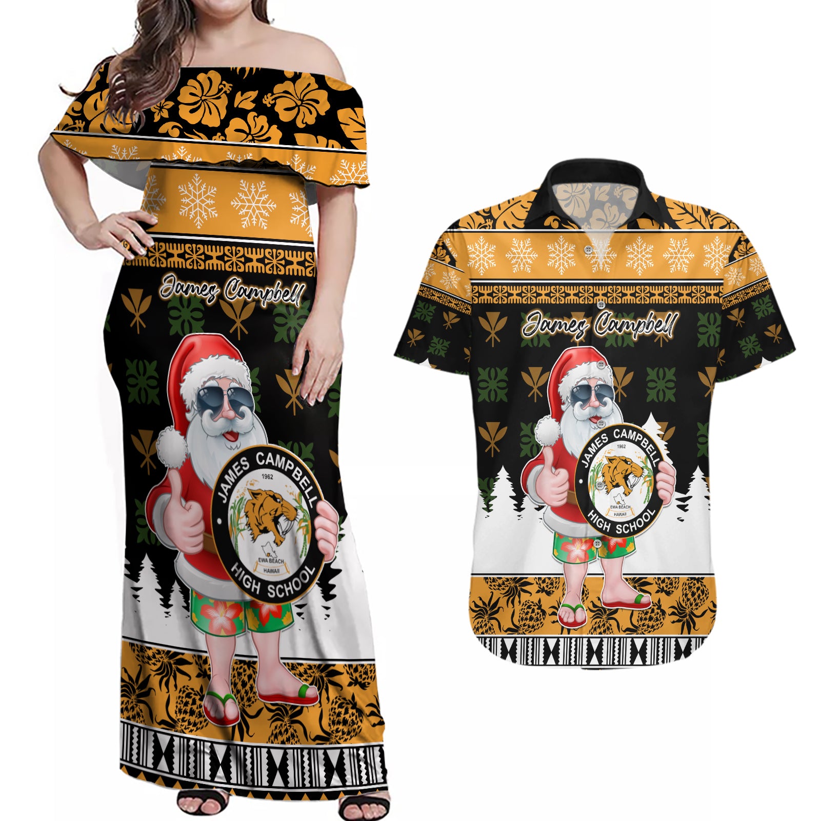 Custom Hawaii James Campbell High School Christmas Couples Matching Off Shoulder Maxi Dress and Hawaiian Shirt Tropical Santa Claus LT05 Black - Polynesian Pride