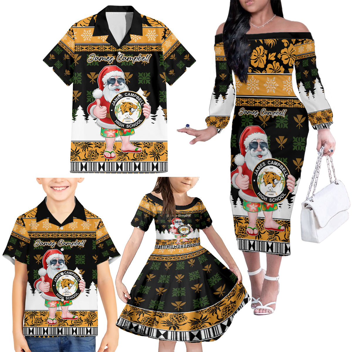 Custom Hawaii James Campbell High School Christmas Family Matching Off Shoulder Long Sleeve Dress and Hawaiian Shirt Tropical Santa Claus LT05 - Polynesian Pride